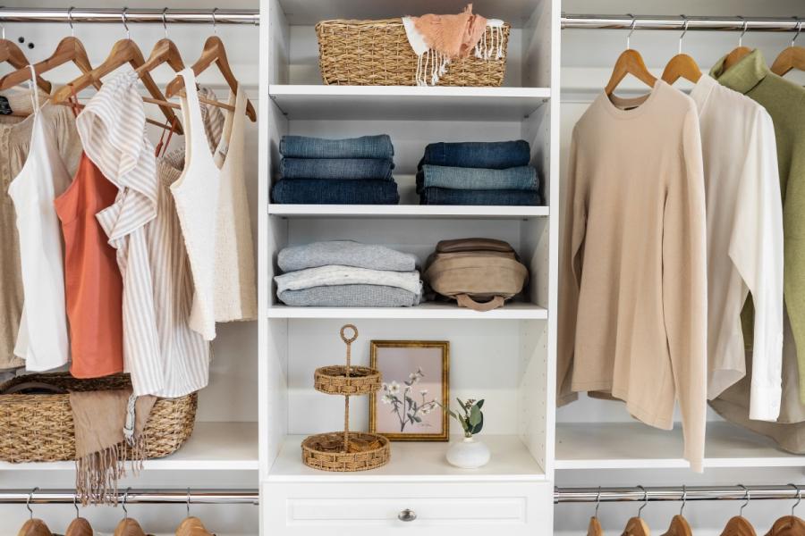 Close view of a white closet interior with hanging rails, folded stacks on open shelves and woven storage baskets