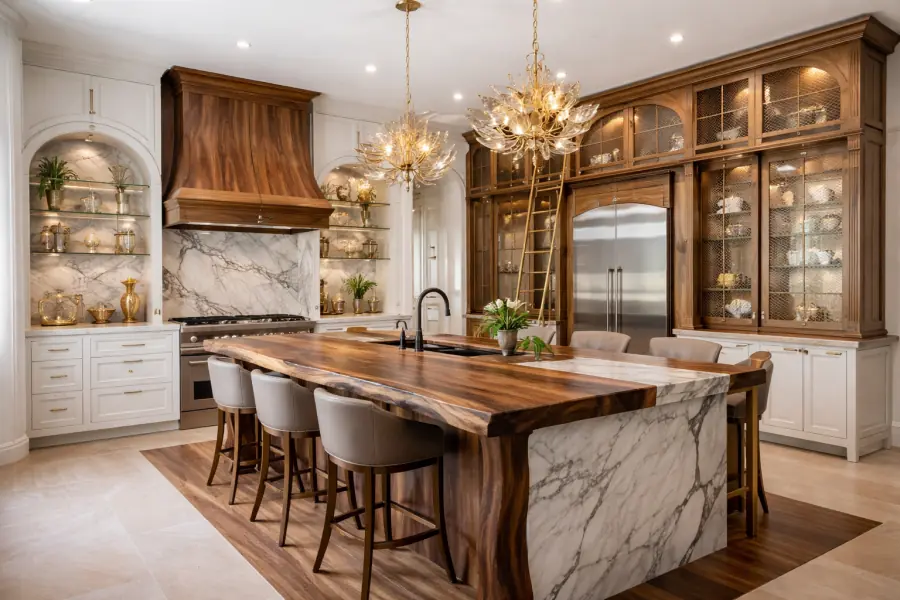 Walnut range hood and glass-front display cabinets beside white inset cabinetry, with a live-edge walnut and marble island