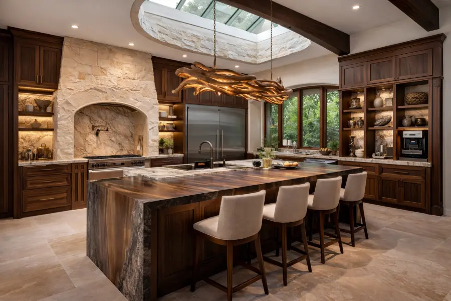 Dark walnut kitchen with a stone arch over the range, skylight above and a live-edge walnut waterfall island