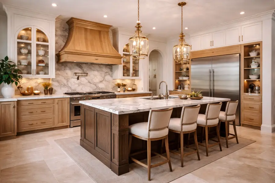 White upper cabinets with arched glass fronts over natural oak bases, a wood range hood and a stained island with a marble waterfall