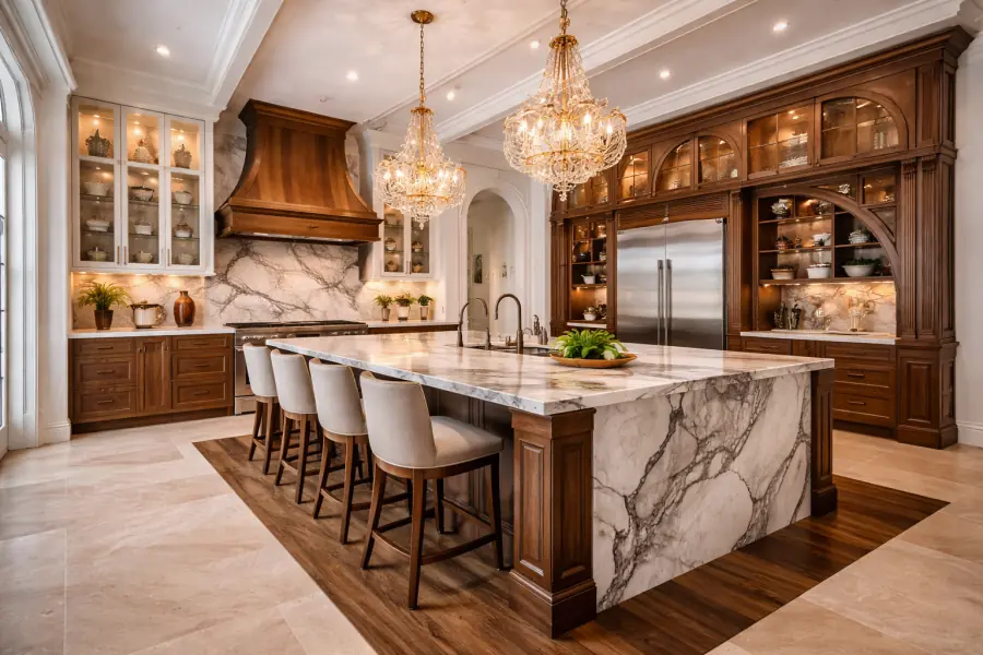 Walnut kitchen with a wood range hood, arched glass-front cabinets and a marble waterfall island under crystal chandeliers