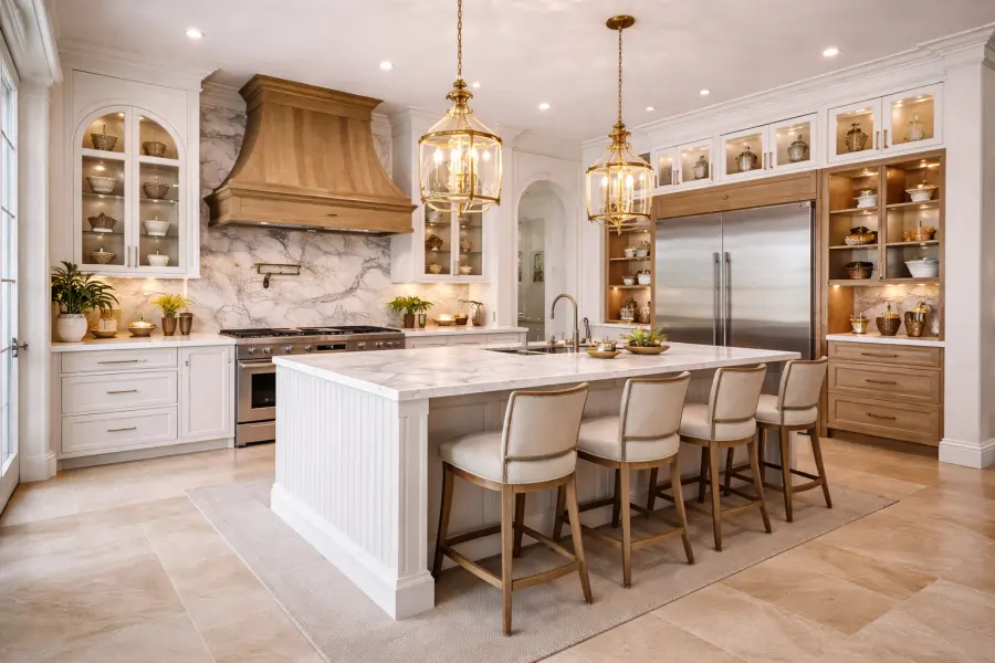 White inset kitchen with a natural oak range hood, oak glass-front cabinets and a marble waterfall island