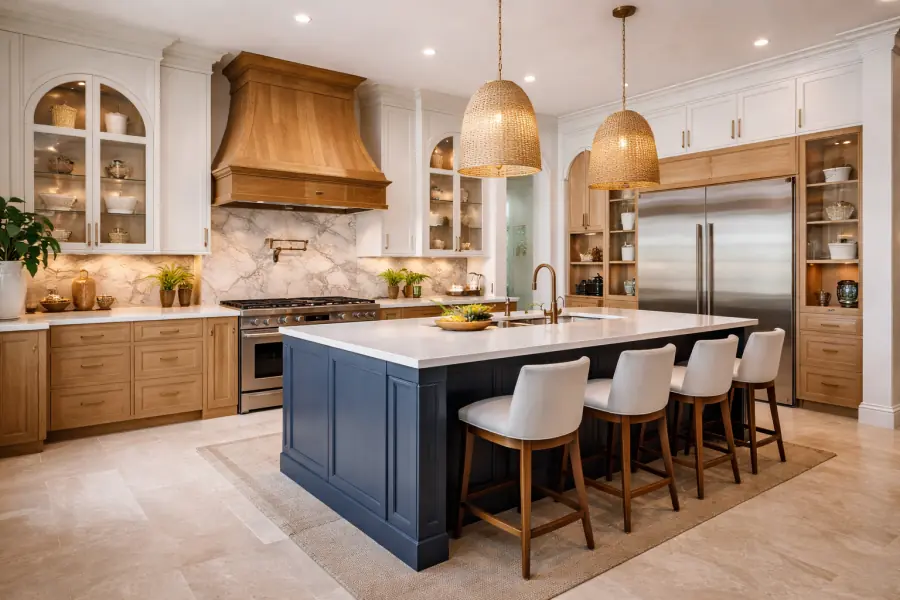 Two-tone kitchen with white uppers, natural oak base cabinets and a navy island under woven pendant lights