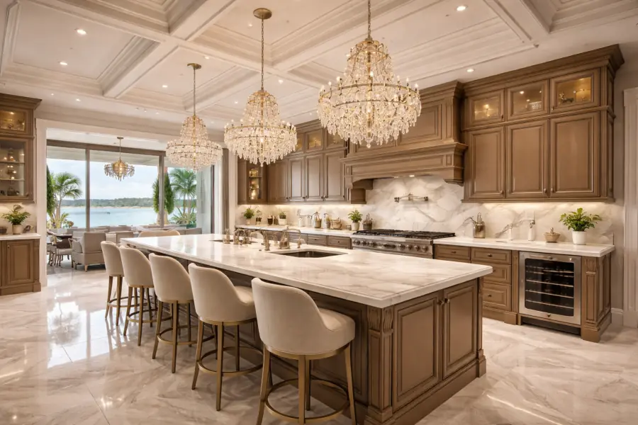 Traditional kitchen in a warm taupe stain with raised-panel doors, a coffered ceiling and a marble island seating five