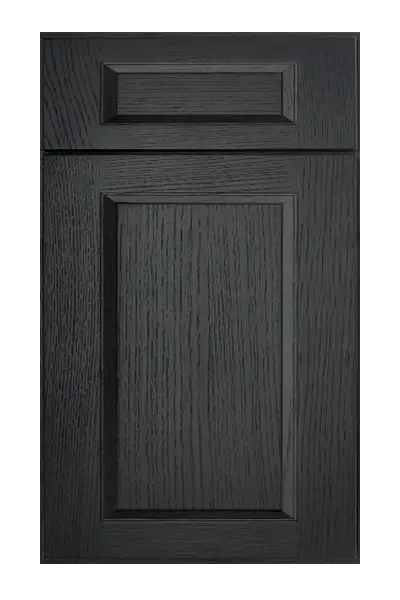Obsidian Oak cabinet door, a mitred white oak door in a black stain with the grain visible